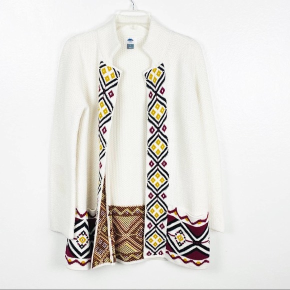 OLD NAVY White Long Sleeves AztecTrim Open Front Cardigan, Size Small - Picture 1 of 10